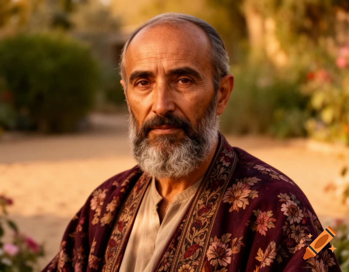 A photorealistic portrait of an older man with a gray beard and dark red patterned robe, looking forward in a warm outdoor setting.