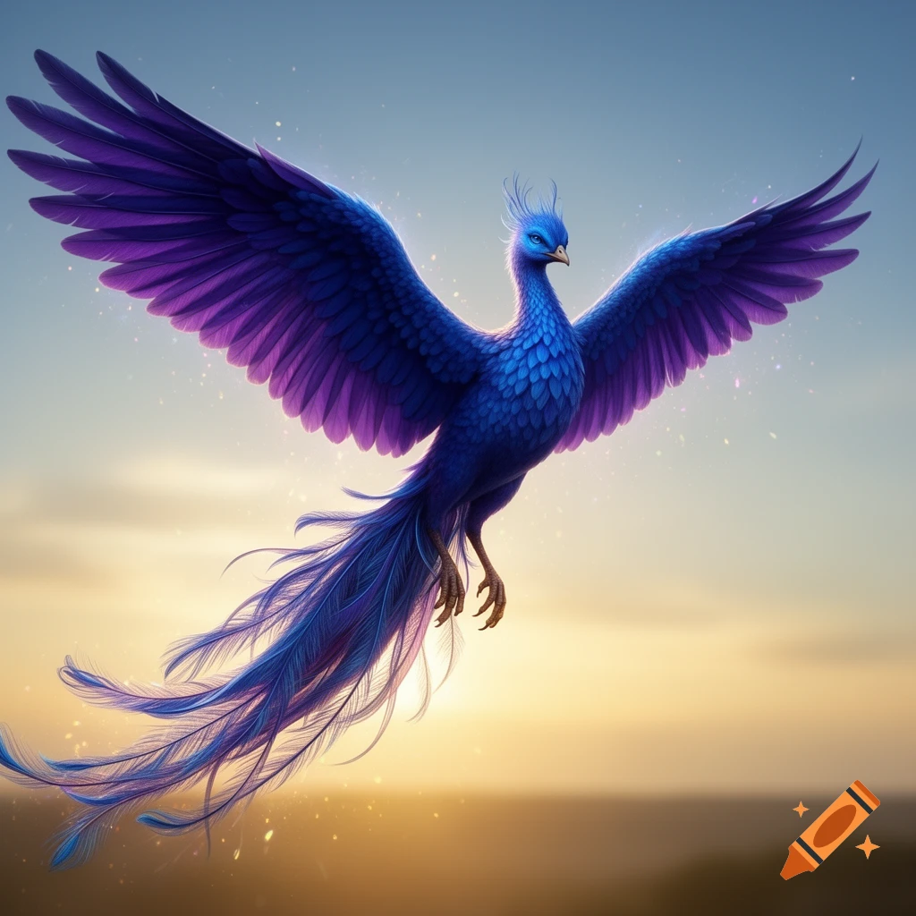 Vibrant blue and purple phoenix with spread wings flying against a bright sunset sky.