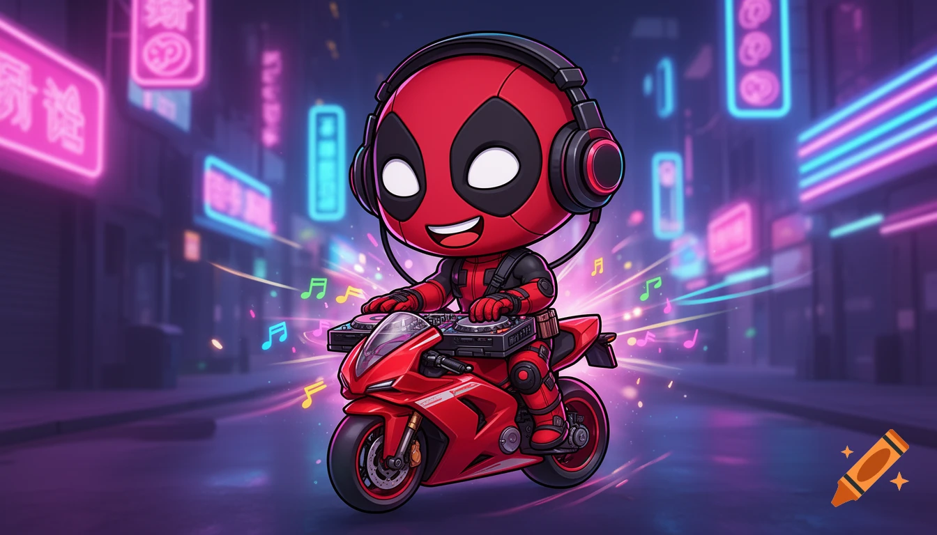 A cute chibi Deadpool with headphones and a smile, riding a red sport motorcycle with DJ turntables, set against a neon-lit urban night background.