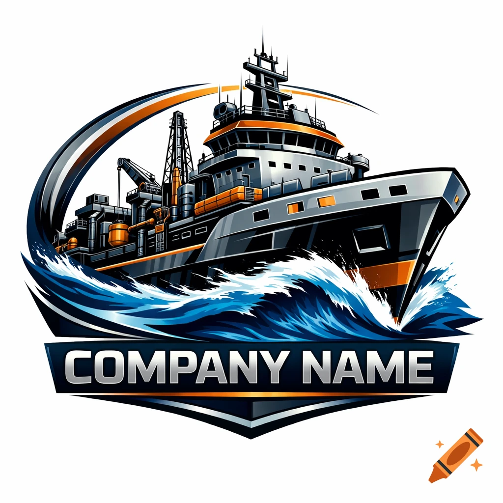 A stylized logo of a grey and orange industrial ship on blue waves, with "COMPANY NAME" on a banner below.