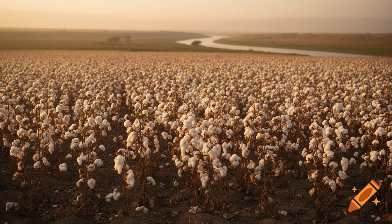 Golden cotton field at sunrise with a winding river in the distance, bathed in soft warm light.