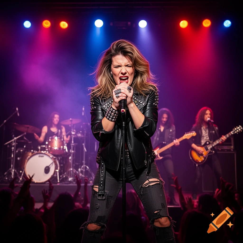 A female lead singer with an intense expression performs on stage with her rock band under colorful stage lights.