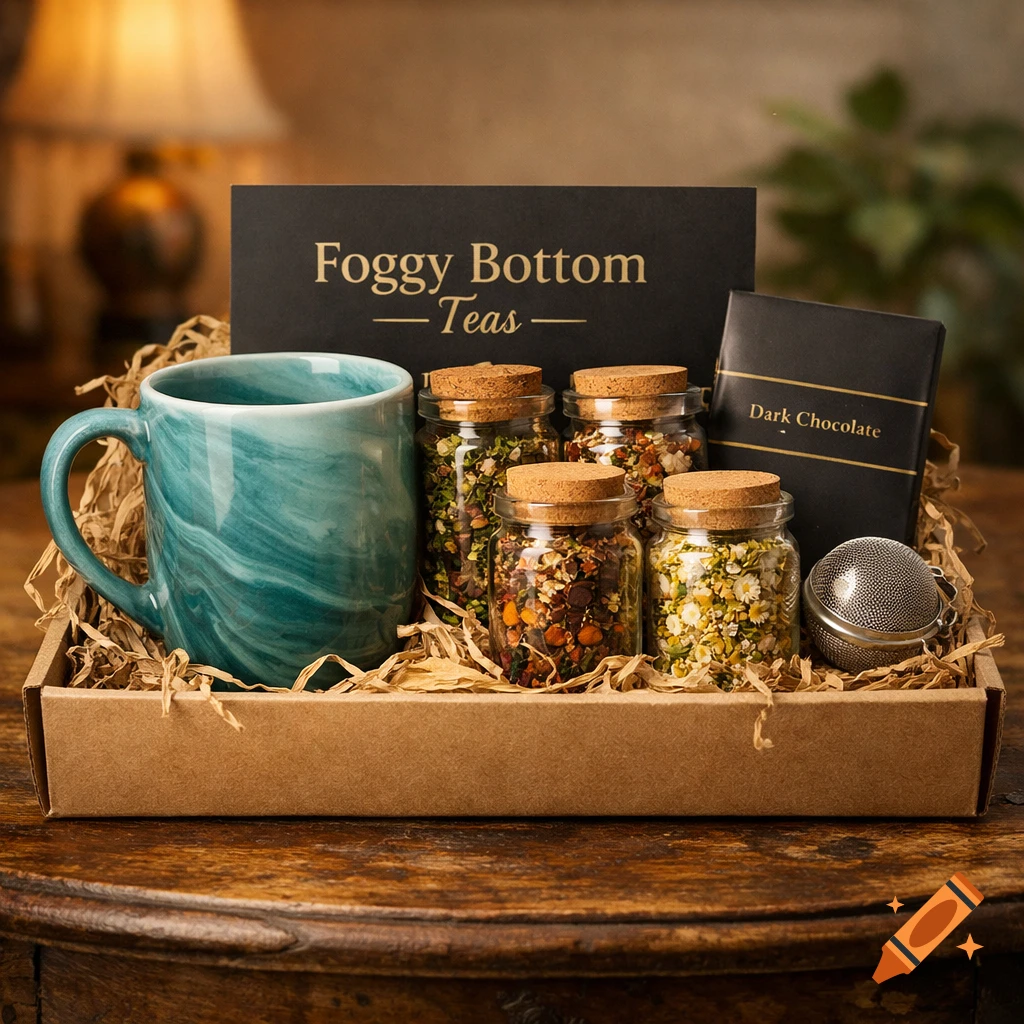 A gift set featuring a teal mug, four jars of tea blends, a dark chocolate bar, and a tea infuser in a box on a wooden table.