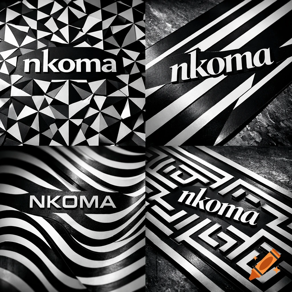 A four-panel collage of black and white abstract patterns, each with the word 'nkoma' or 'NKOMA' integrated into the design.
