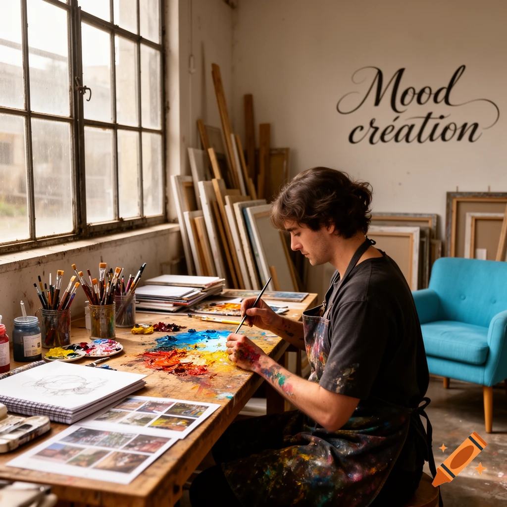 A male artist with paint-splattered hands and apron paints at a wooden table in a sunlit art studio.