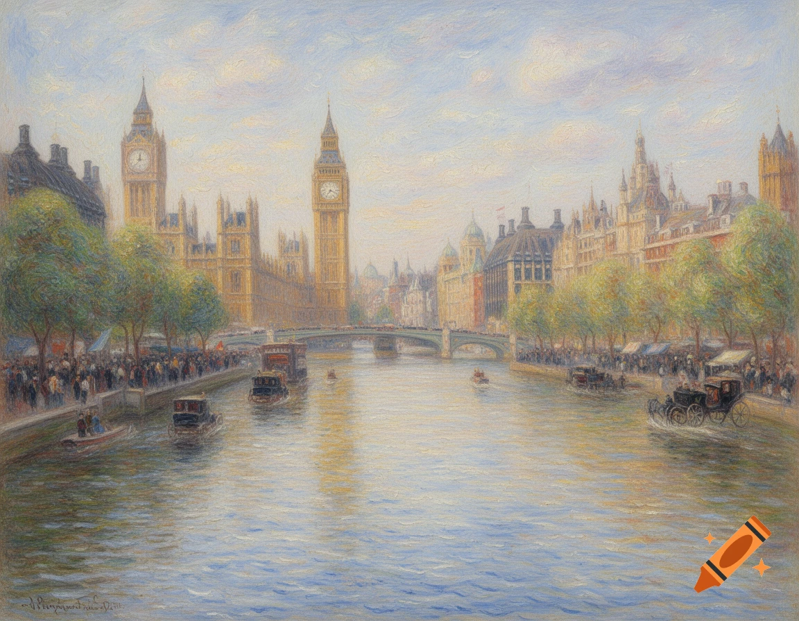 An Impressionistic painting of the River Thames in London, with Big Ben and the Houses of Parliament, bustling with boats and people.
