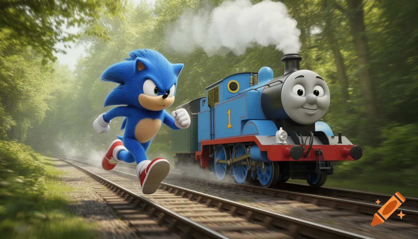 Sonic the Hedgehog runs alongside Thomas the Tank Engine on train ...