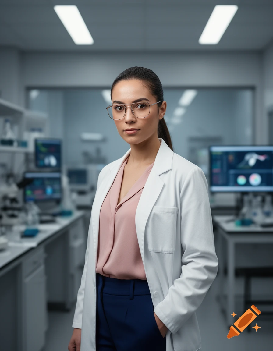 Photorealistic image of a female scientist in a white lab coat and glasses standing in a modern laboratory.