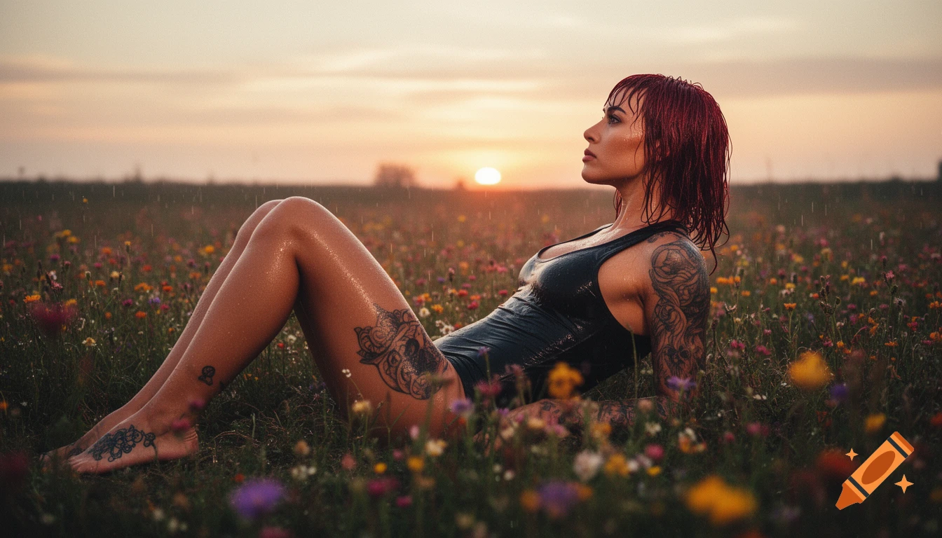 A graceful athletic woman with wet red hair and tattoos lies in a wildflower meadow at sunset, looking up. Photorealistic style.