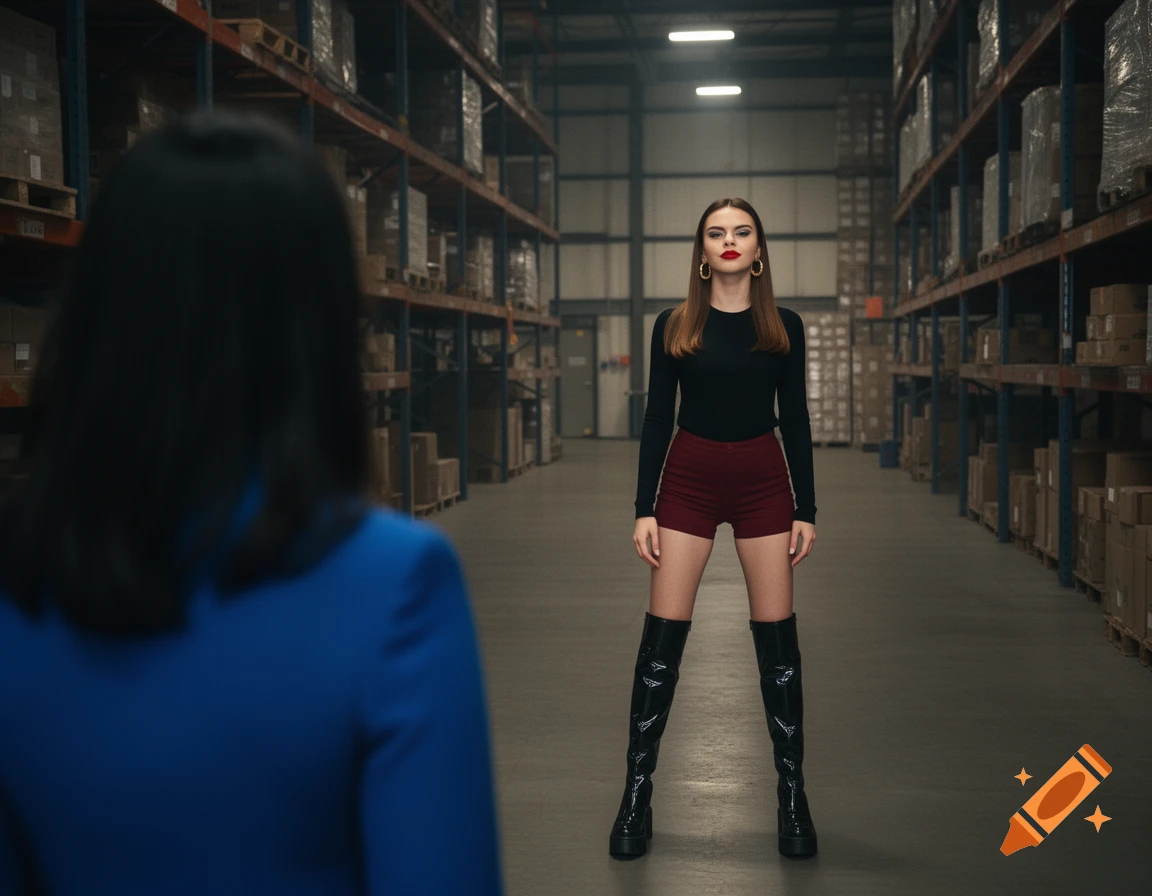 A smug young woman with brown hair, red lipstick, and gold hoop earrings, in a black top, red shorts, and black boots, stands in a warehouse.