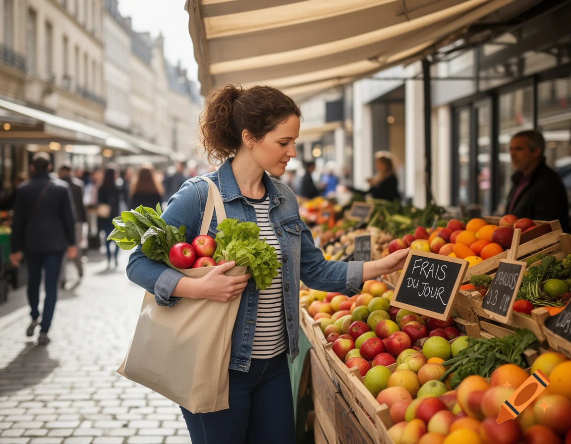 A woman with a full tote bag examines apples at a fresh produce stall in a bustling outdoor market.