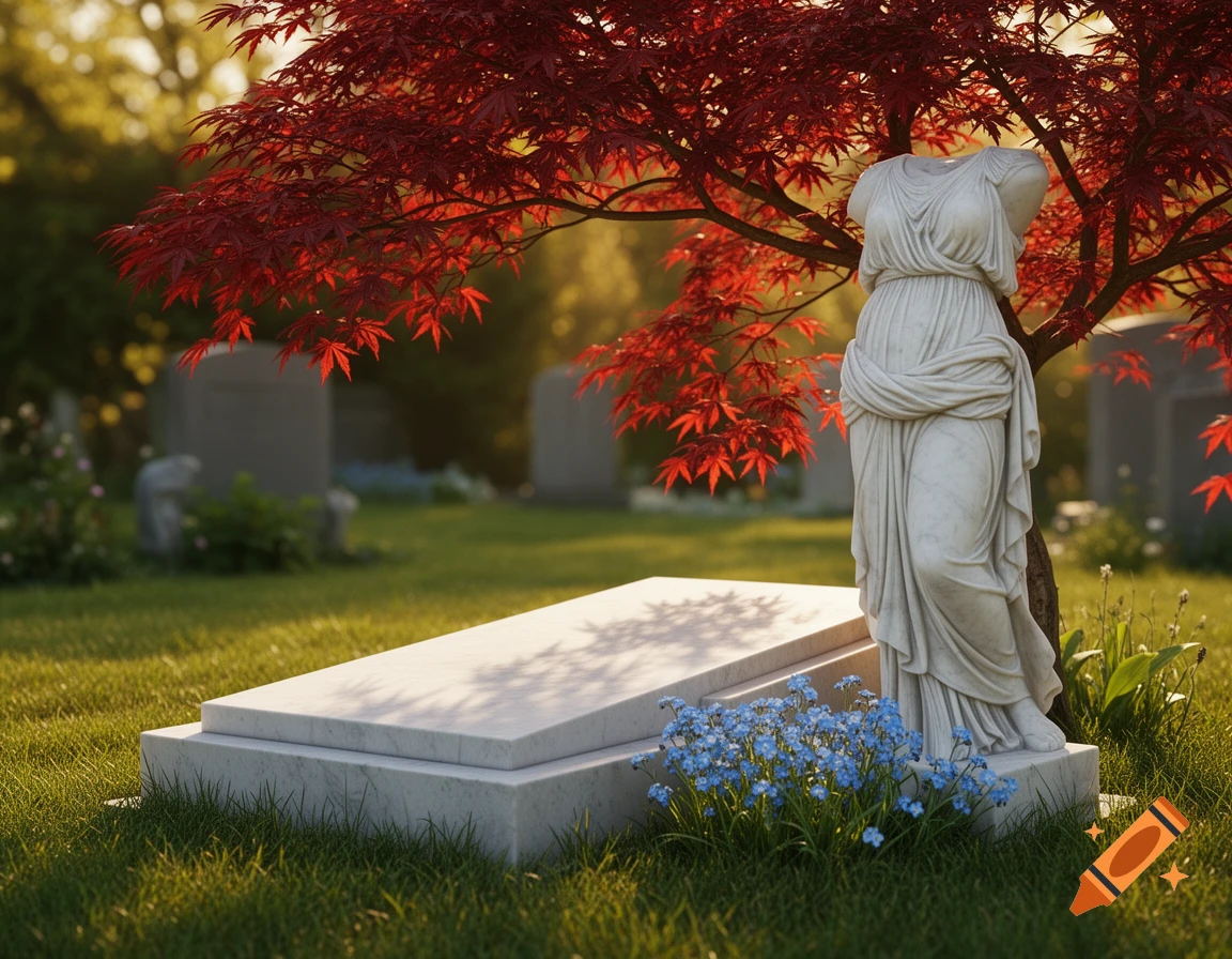 Photorealistic image of a white marble grave and a headless Nike statue under a red maple tree in a sunny cemetery with blue flowers.
