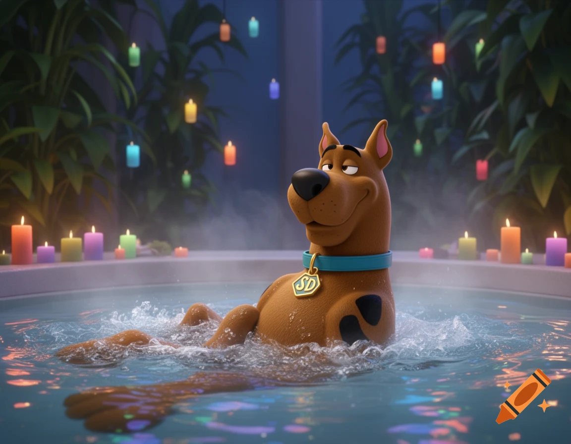 Scooby-Doo relaxes chest-deep in a steamy hot tub surrounded by colorful candles in a 3D animation style.