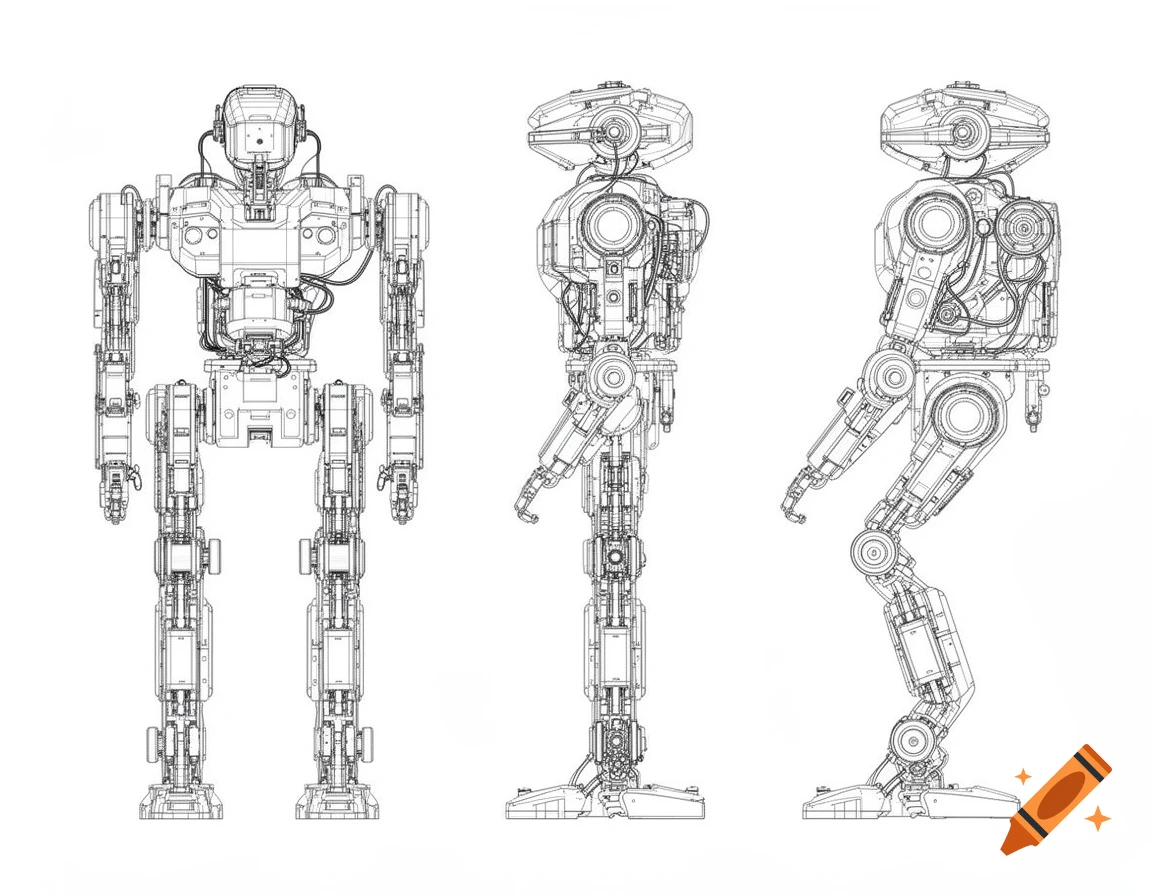 Three blueprint-style technical drawings of a modular robot in front, side, and angled side views on a white background.