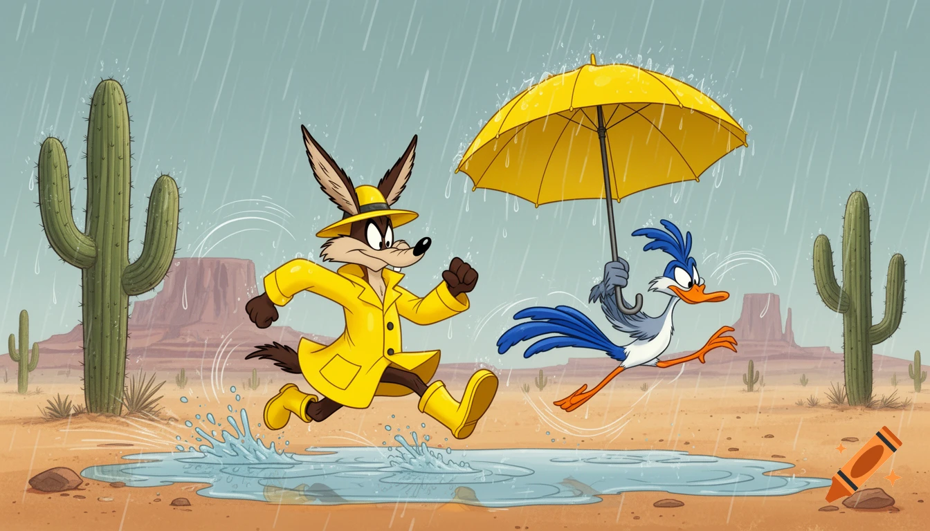 Wile E. Coyote in a yellow raincoat and hat runs through desert rain after the Road Runner, who carries a yellow umbrella.