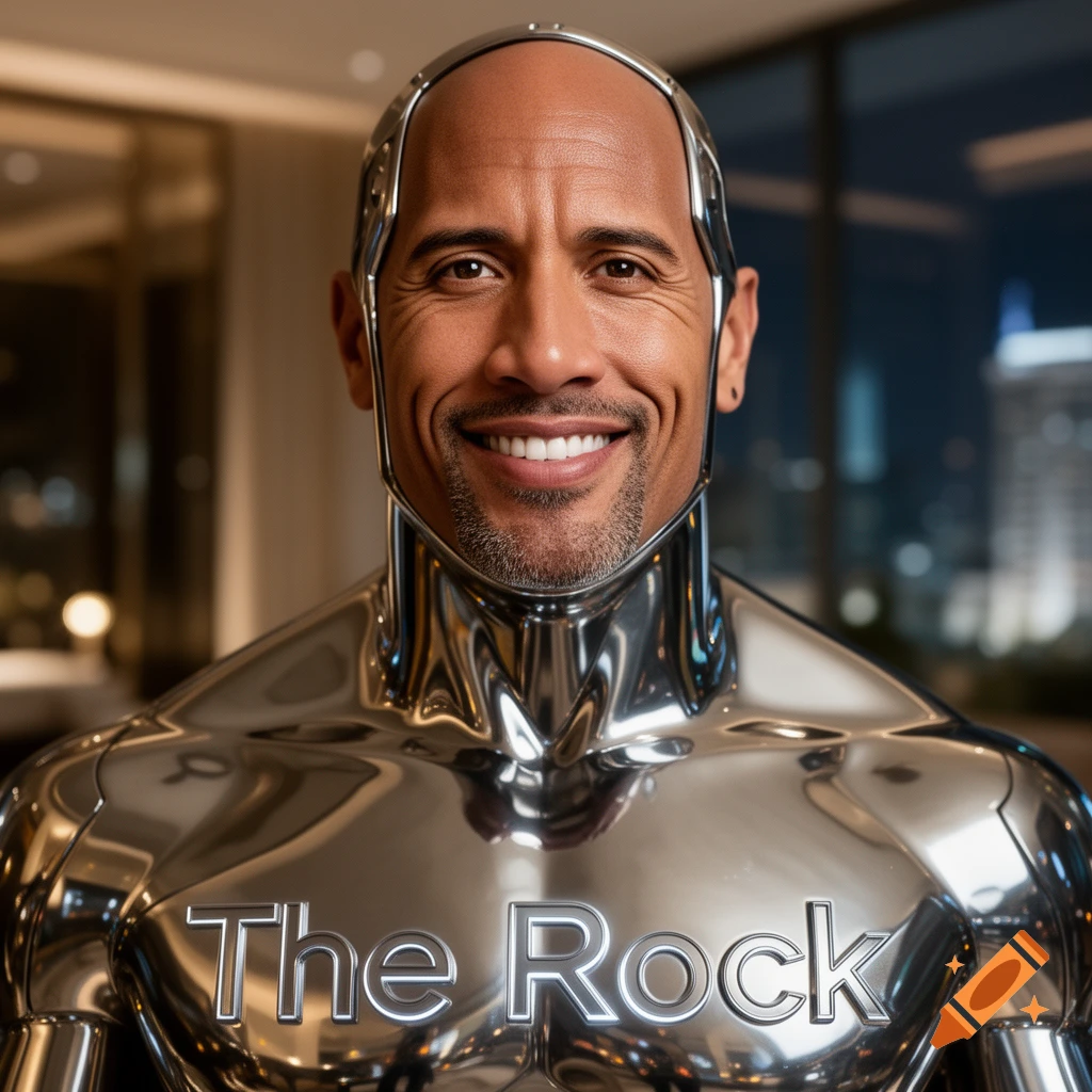 Photorealistic portrait of Dwayne 'The Rock' Johnson as a chrome cyborg, smiling with 'The Rock' inscribed on its chest.