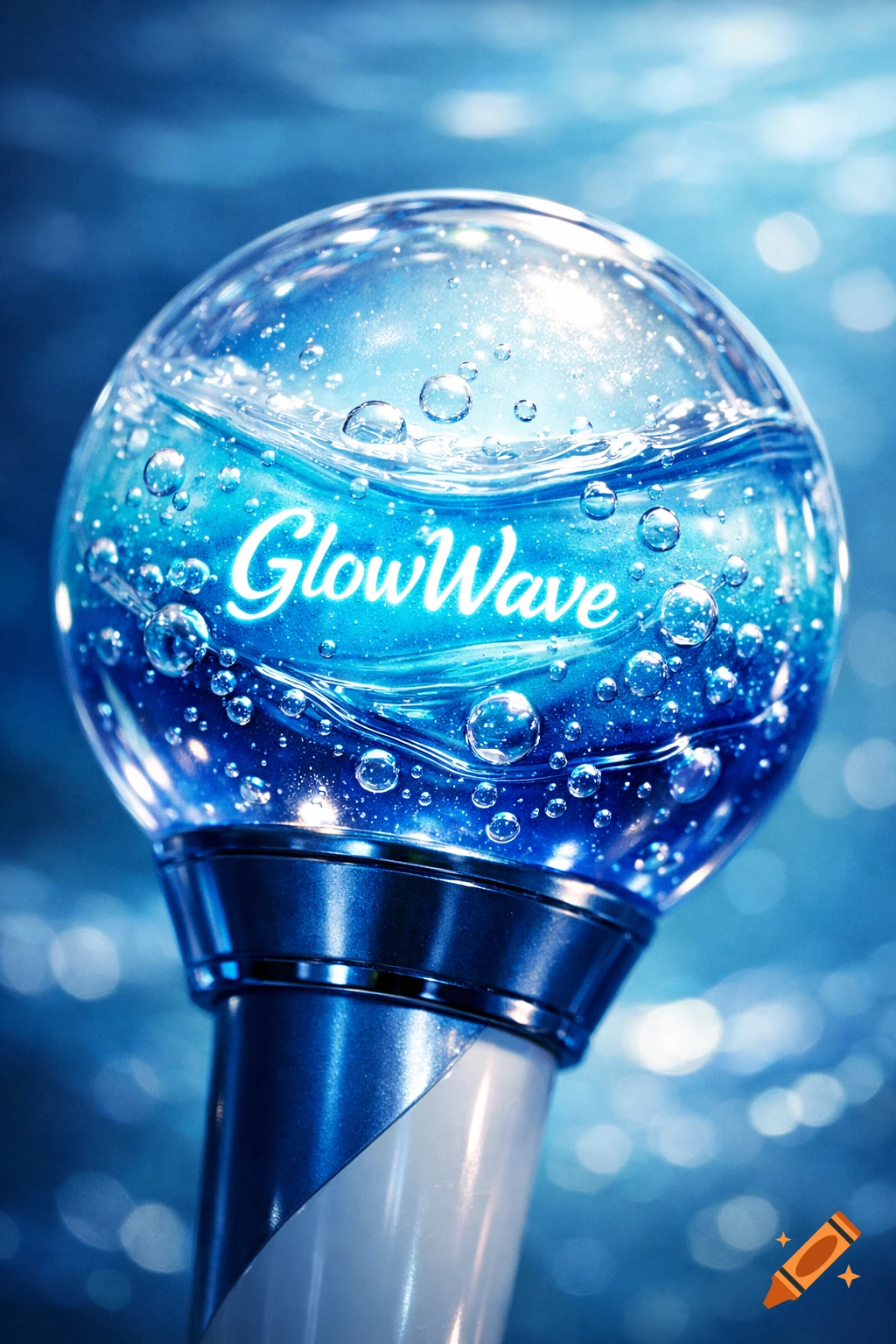 A photorealistic blue lightstick with an ocean and bubble theme, glowing with 'GlowWave' text inside its clear spherical top.