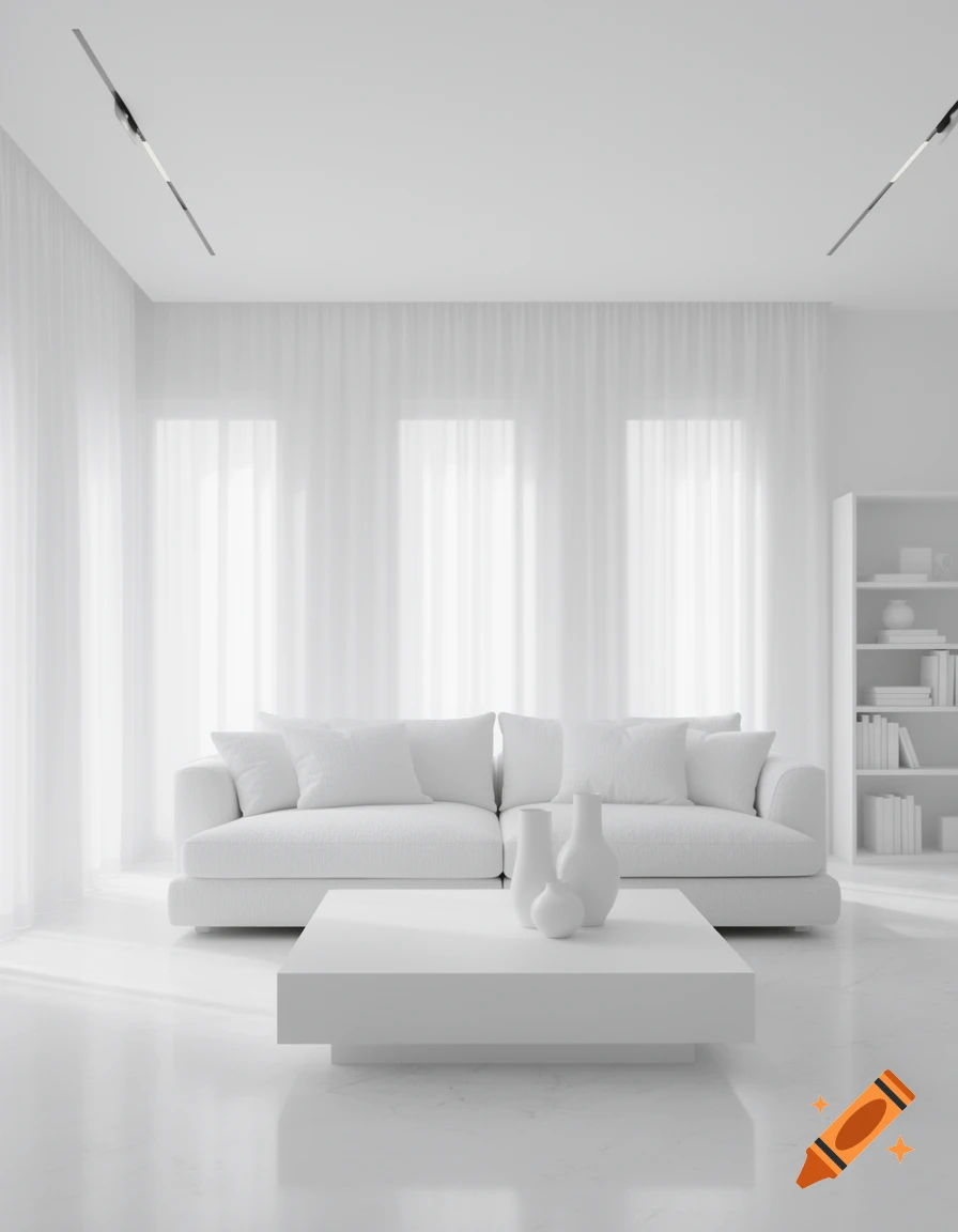 A minimalist all-white living room with a sofa, coffee table with vases, sheer curtains, and reflective floors.