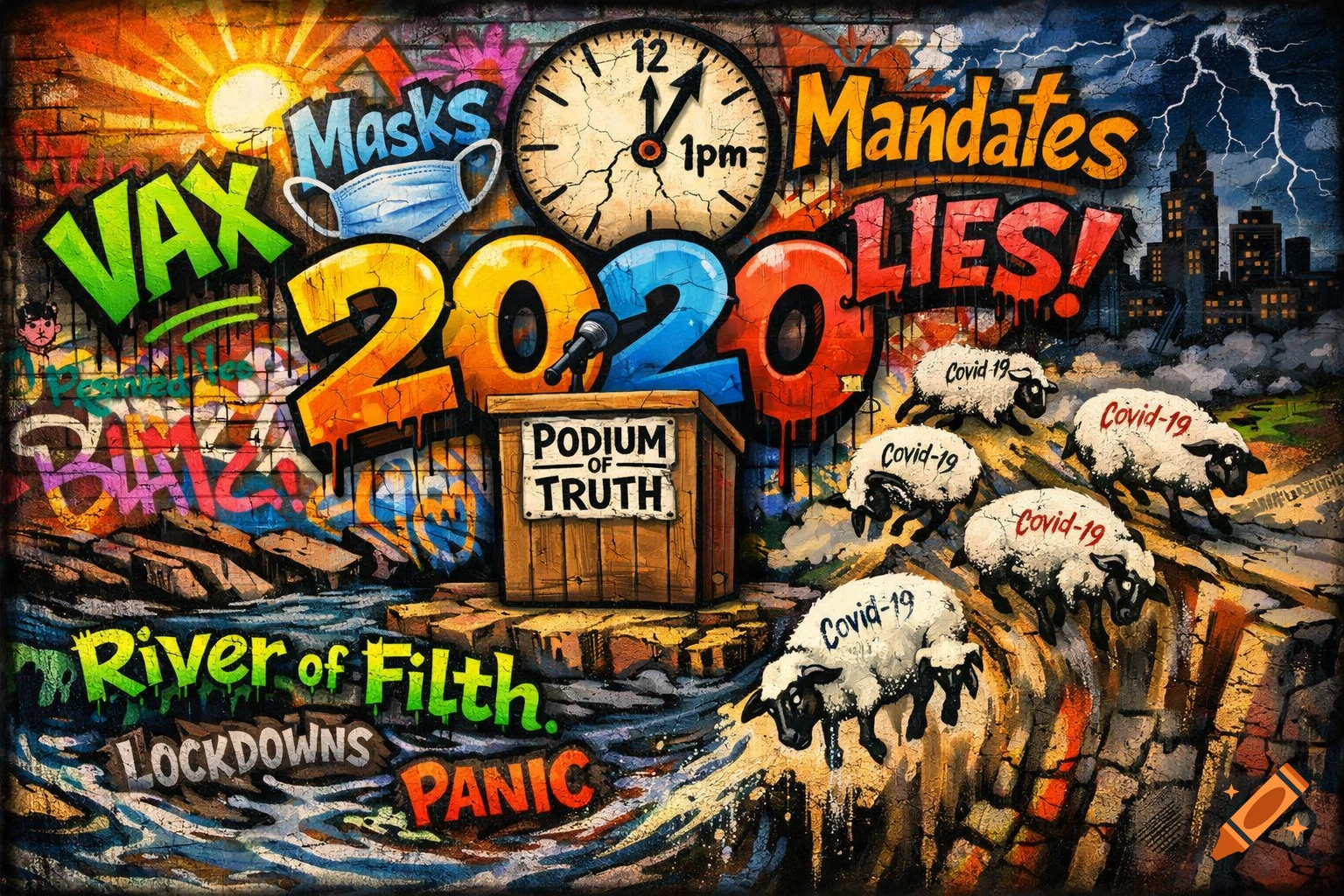 A vibrant graffiti-style artwork depicting the year 2020 with words like VAX, Masks, Mandates, Lies, River of Filth, Lockdowns, and Panic, featuring a Podium of Truth and five sheep labeled Covid-19 falling off a cliff.