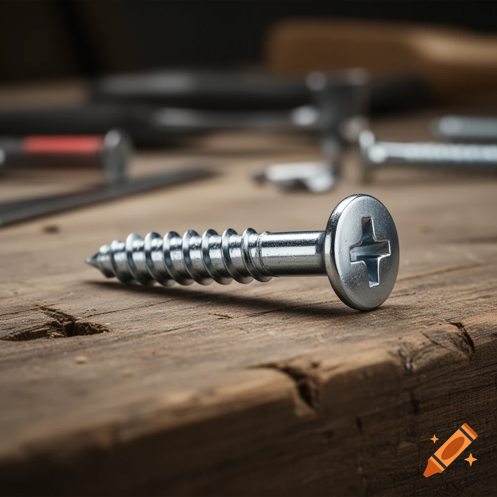 A close-up photograph of a silver screw lying horizontally on a weathered wooden surface.