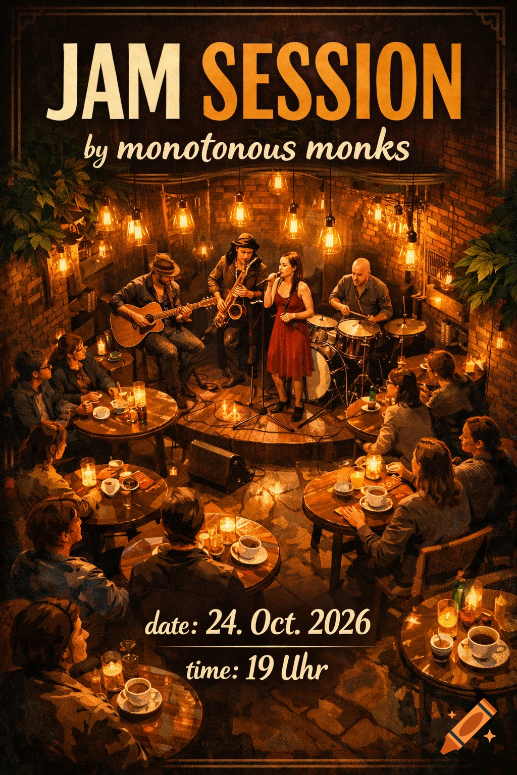 Poster for a 'JAM SESSION by monotonous monks' event, showing musicians performing on a stage in a warmly lit cafe filled with an audience.
