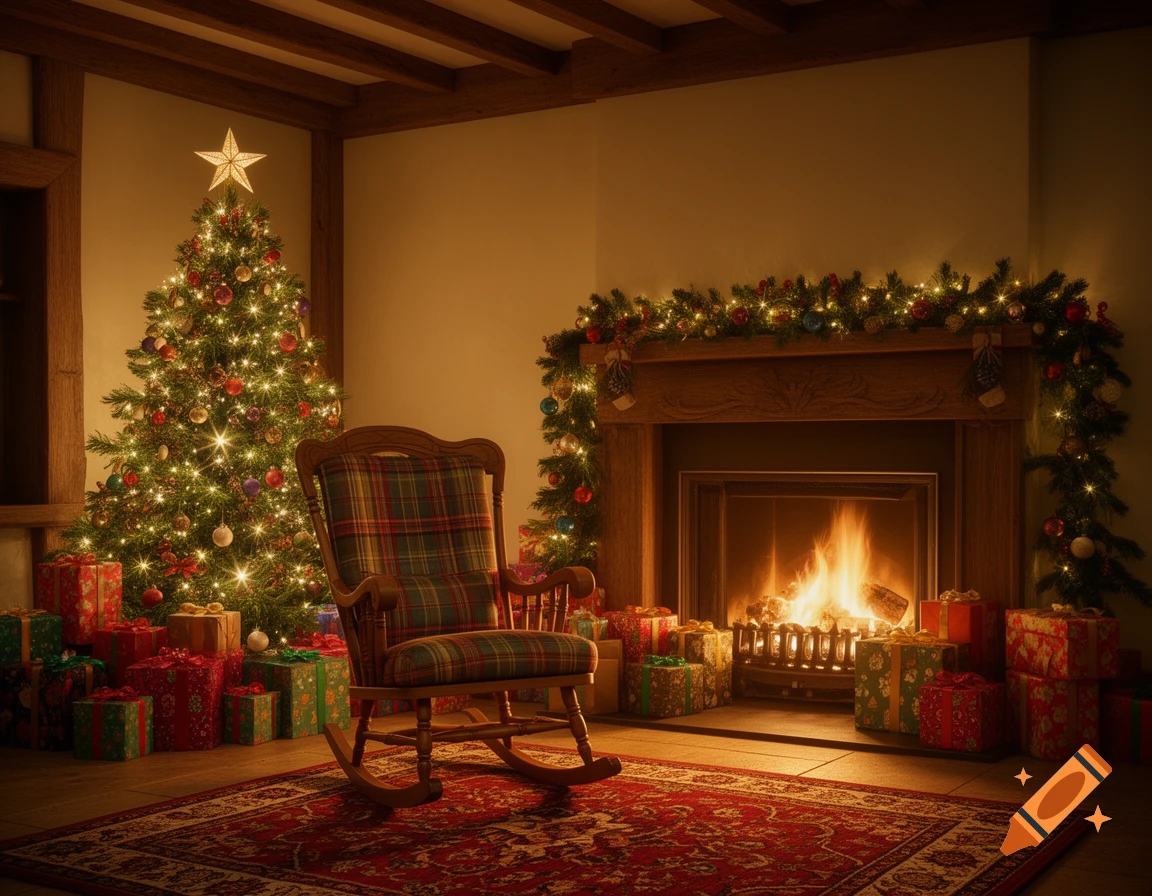 A cozy room with a decorated Christmas tree, wrapped presents, a plaid rocking chair, and a lit fireplace with garland.