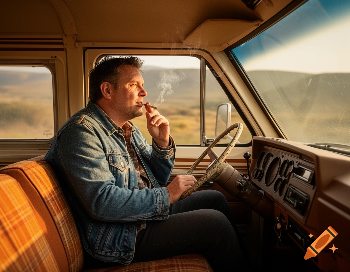 Man in a denim jacket smoking a cigarette in a vintage 1970s motorhome, looking out the window.