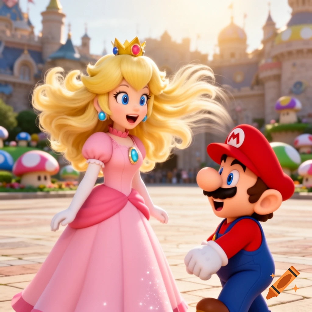 Princess Peach with flowing blonde hair smiles at Mario in a vibrant fantasy kingdom.