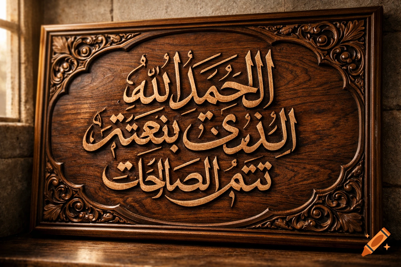 A beautifully carved wooden plaque with intricate gold Arabic calligraphy, photorealistic.
