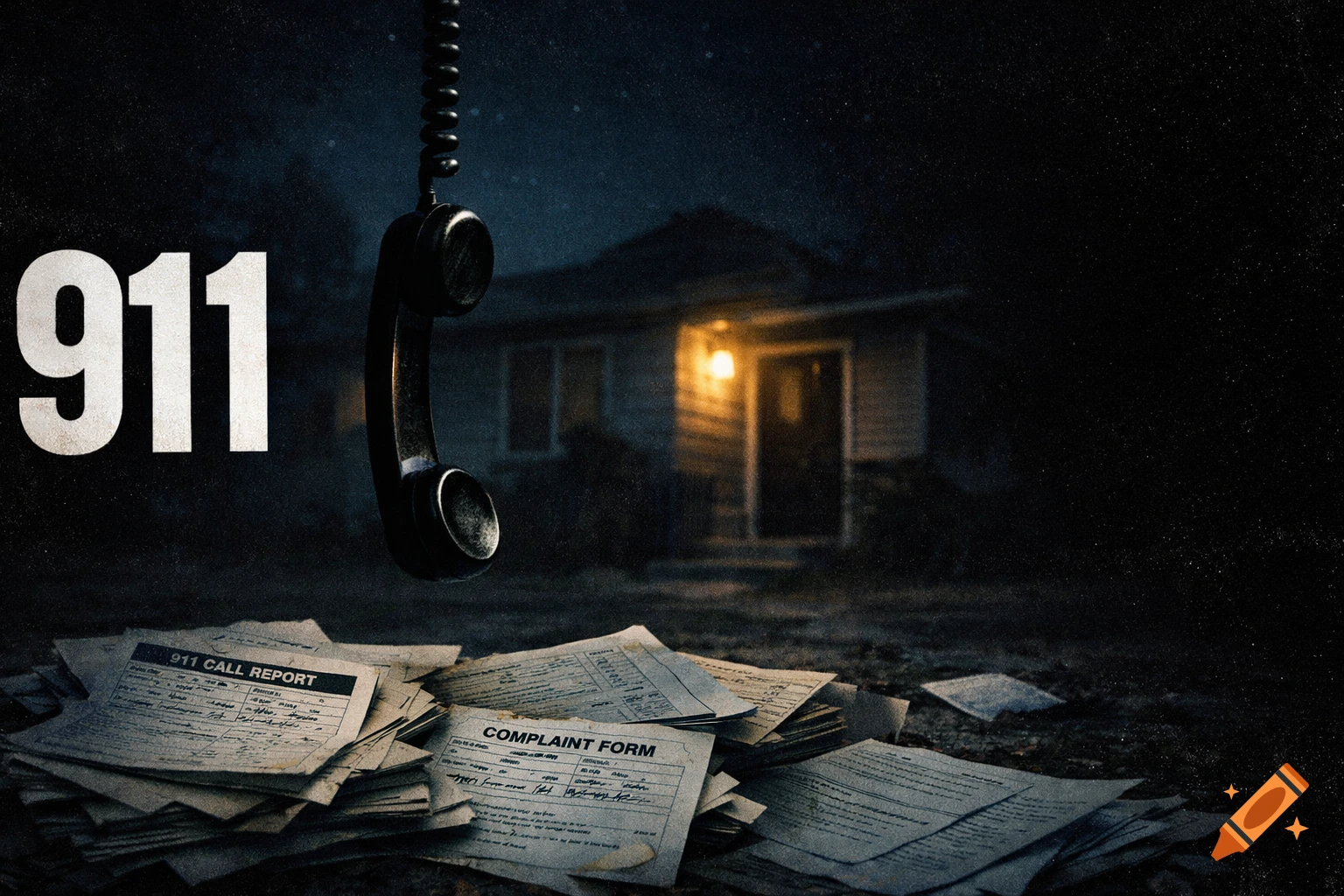 Dark, moody scene with a dangling telephone receiver, scattered 911 call reports, and a dimly lit suburban house at night, with '911' text on the left.