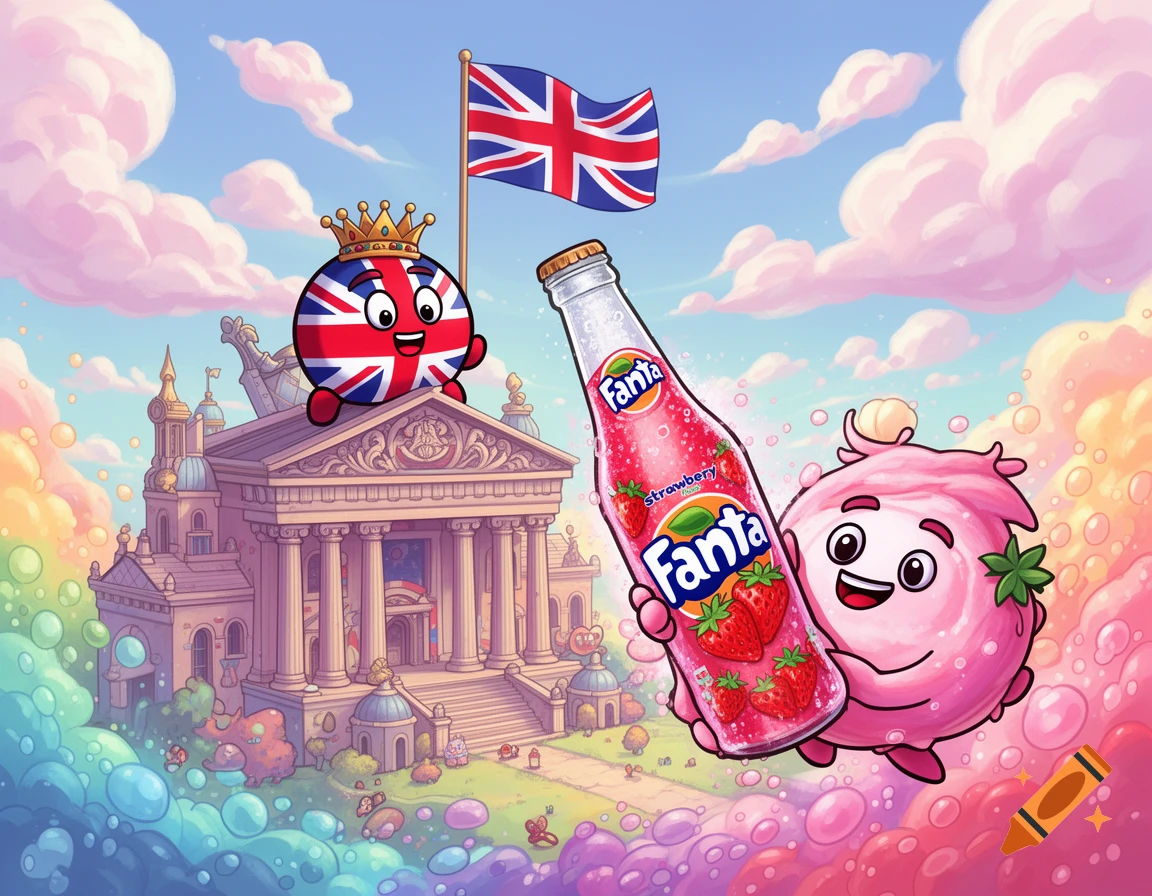 A whimsical cartoon shows a British flag character on a temple, a pink character holding a Fanta strawberry soda, and a Union Jack flag.