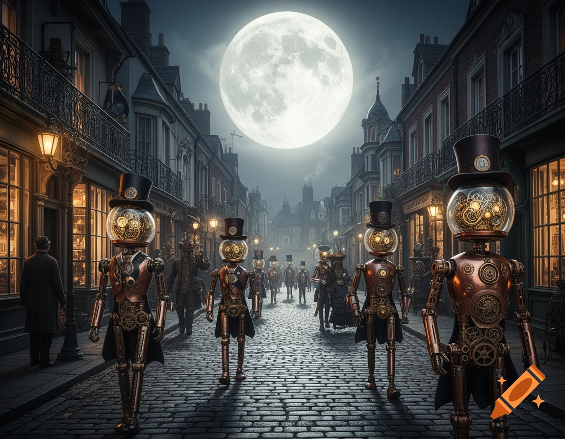 Steampunk robots with gear-filled glass heads and top hats walk down a cobblestone Victorian street at night under a huge full moon.
