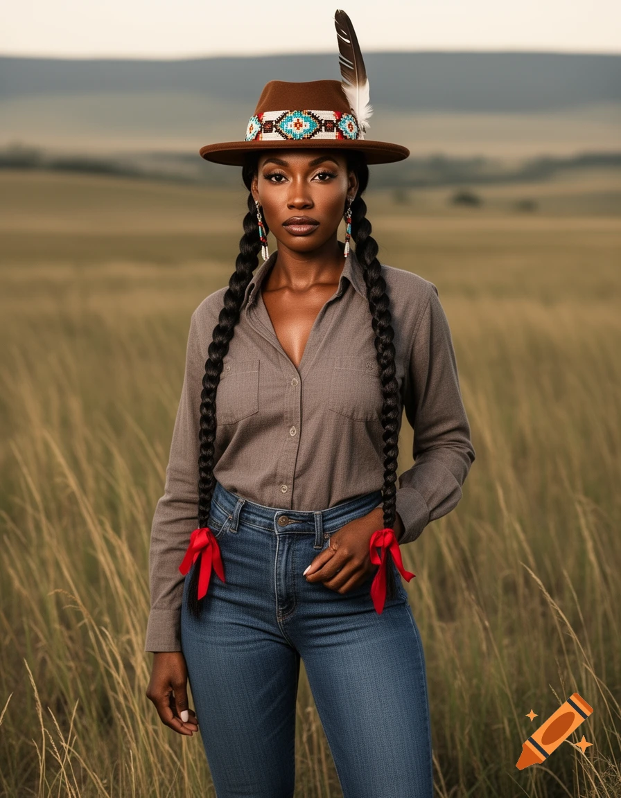 A woman in a brown hat with Native American beadwork and a feather, a gray shirt, and jeans, stands in a grassy field.