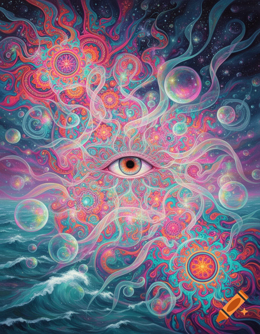 A vibrant psychedelic artwork featuring a central eye surrounded by swirling, intricate patterns in pink, blue, orange, and purple, with transparent bubbles and an ocean at the bottom.