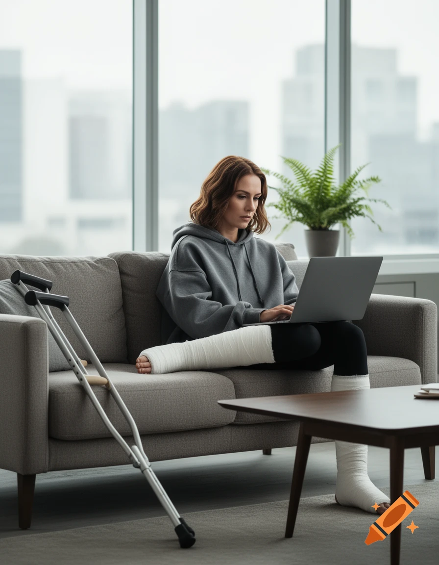 A woman with two legs in plaster casts sits on a sofa, working on a laptop with crutches leaning nearby. A plant is on a windowsill in the background.