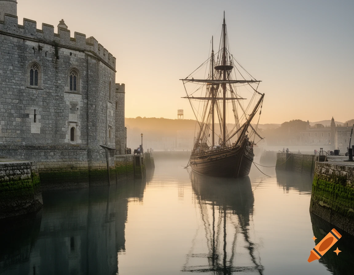 A historic sailing ship docked in a misty harbor next to a stone castle at sunrise.