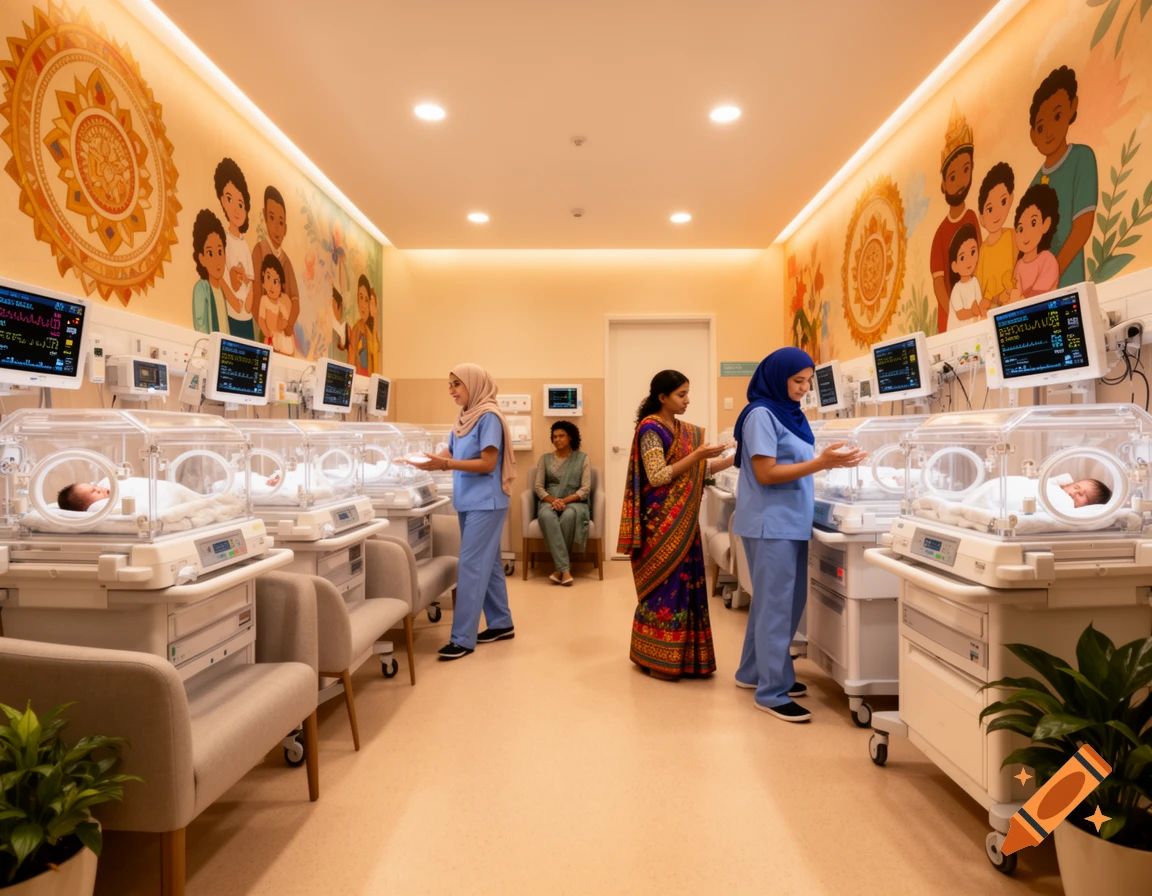 A brightly lit neonatal intensive care unit with multiple incubators, babies, diverse nurses, and colorful murals on the walls.