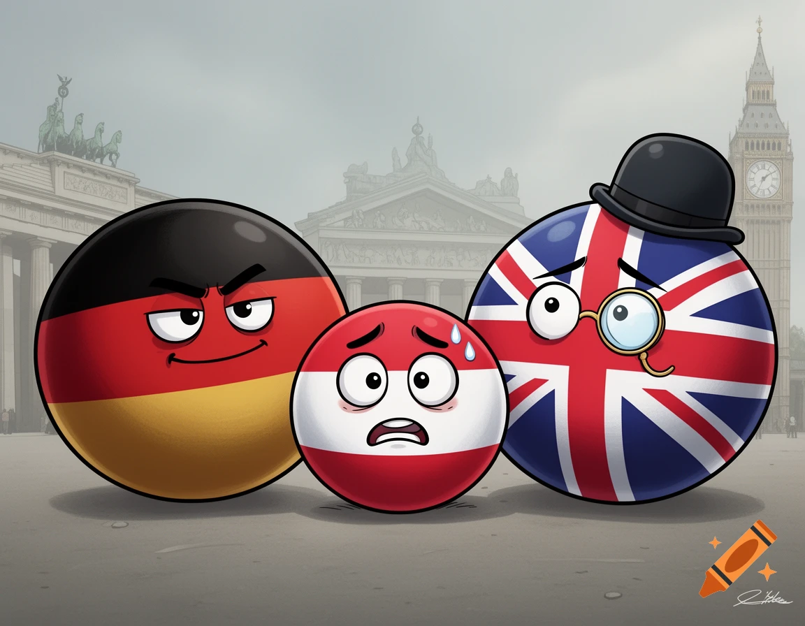 An angry Germany countryball and a thoughtful UK countryball flank a scared Austria countryball, with European landmarks in the background.