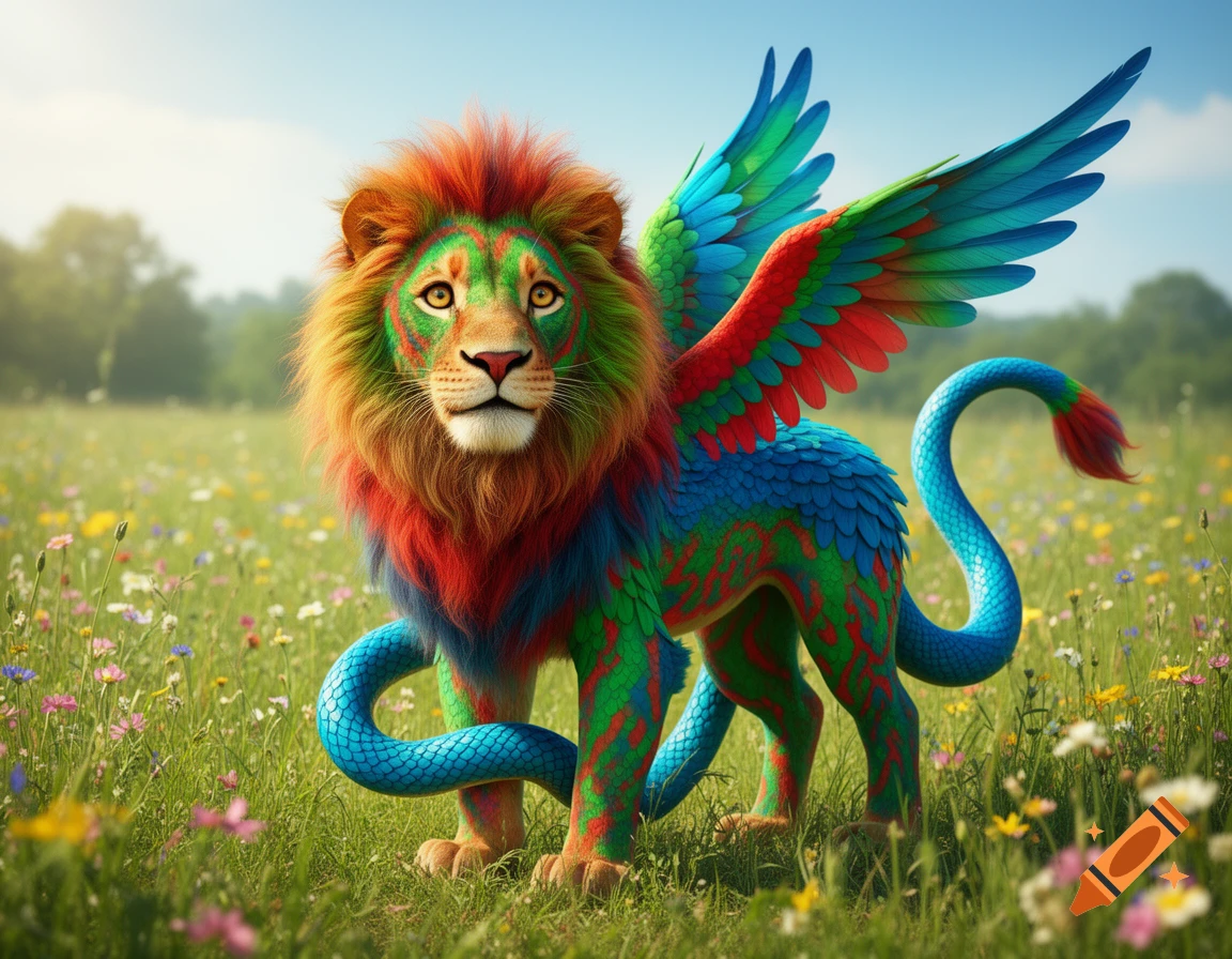 A vibrant, colorful winged lion-like creature with a snake tail stands in a field of wildflowers under a blue sky.