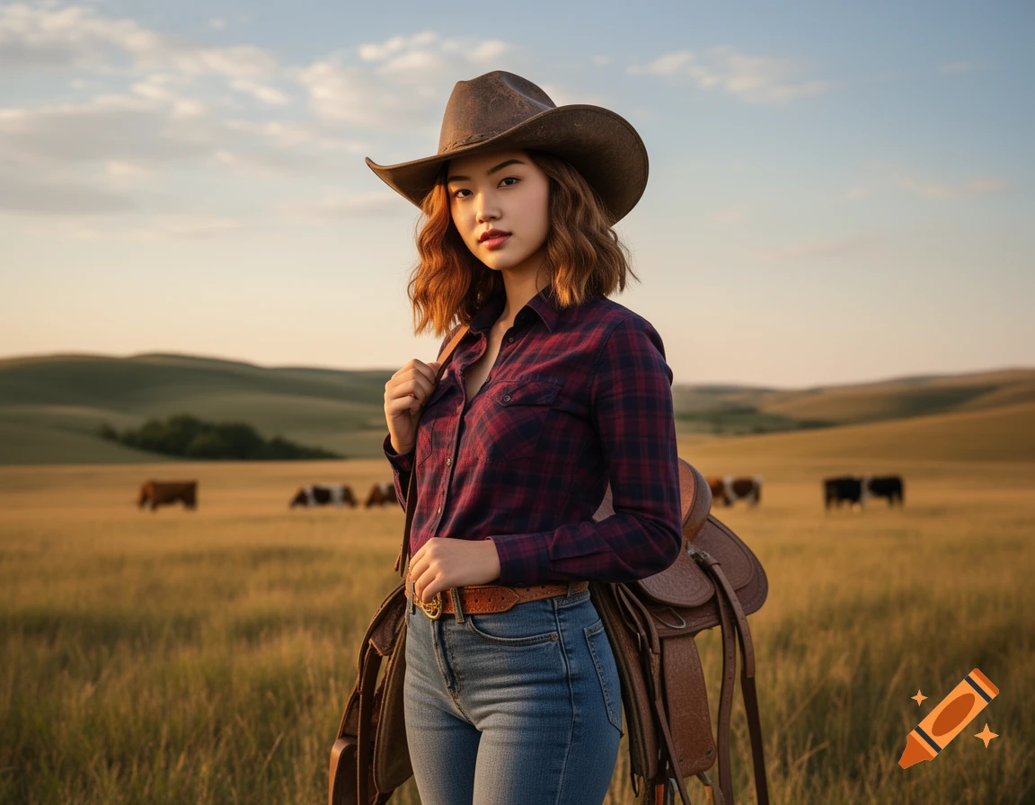 A young woman in a cowboy hat and plaid shirt stands in a sunlit field with cows, holding a saddle.