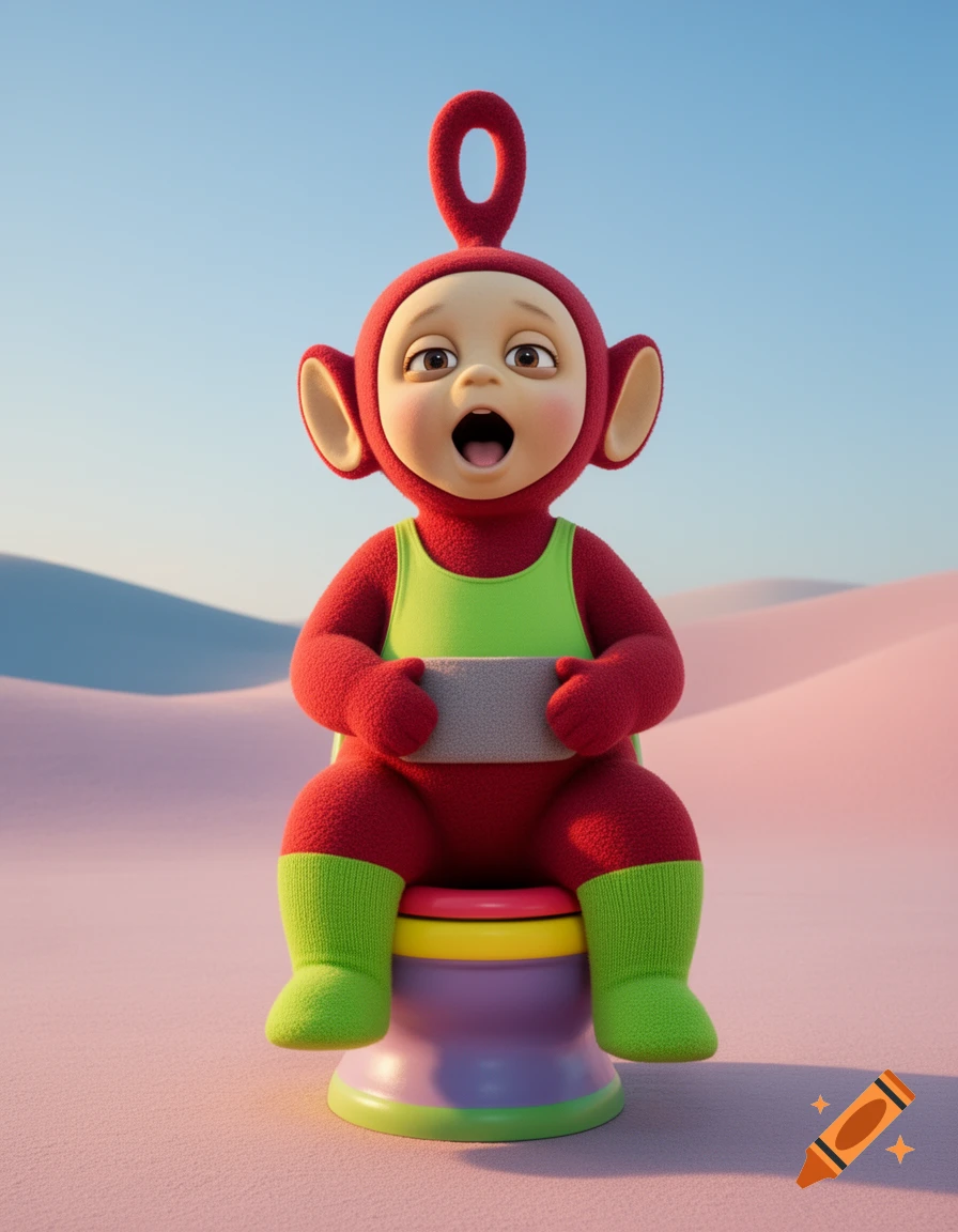 Hyperrealistic red Teletubby-like character, Po, in green tank top and socks, sits on a colorful potty in a pink desert.