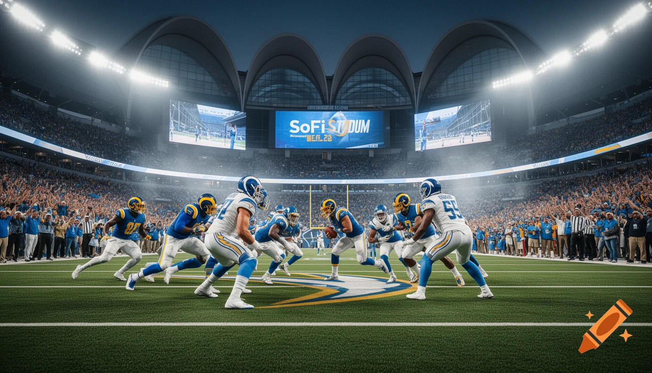 A wide shot of an American football game between the Los Angeles Rams and Los Angeles Chargers in a brightly lit SoFi Stadium, with players in action on the field and a large crowd in the stands.