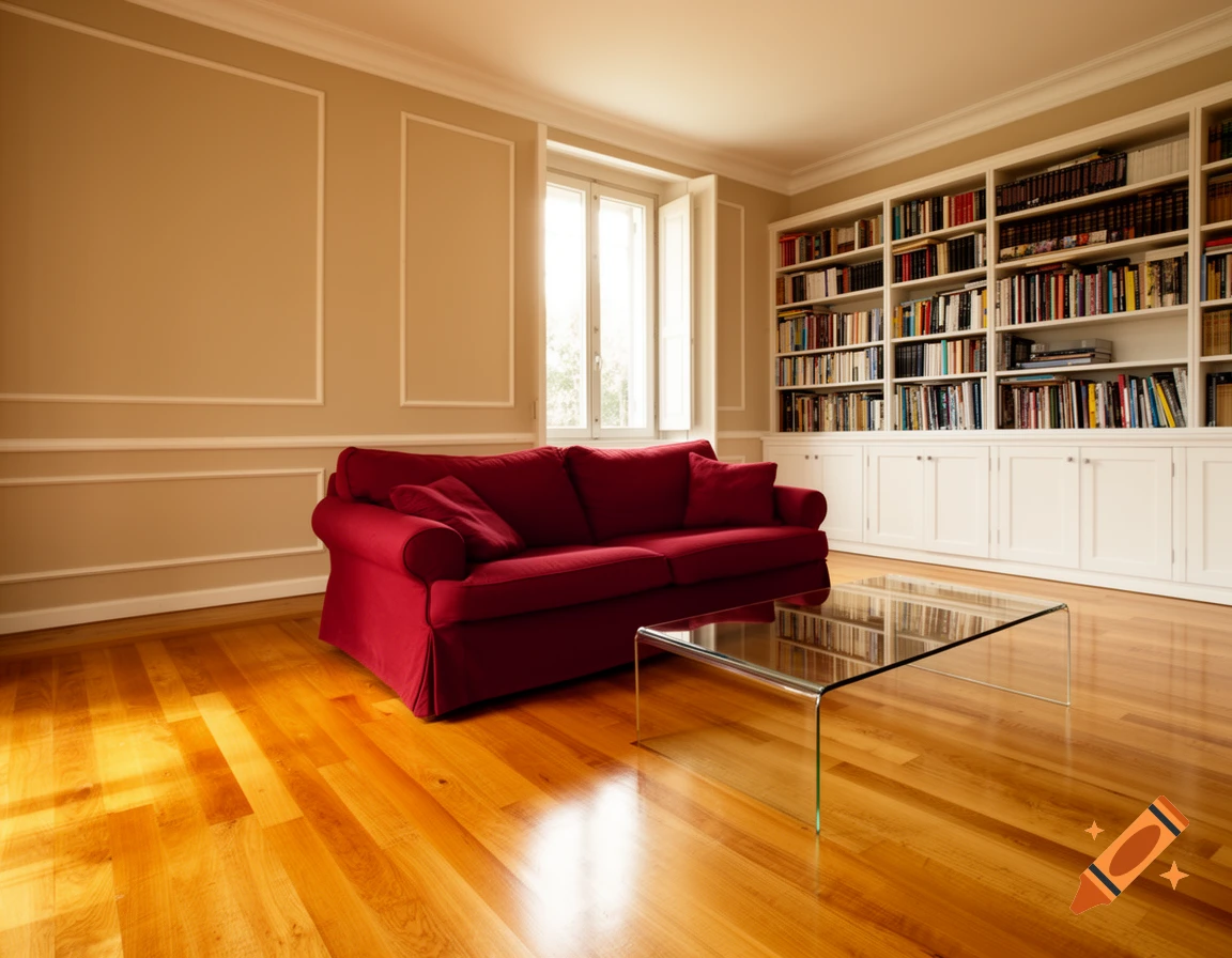 A modern living room with a red sofa, a glass coffee table, honey oak wood floors, beige walls, and a large bookshelf filled with books.