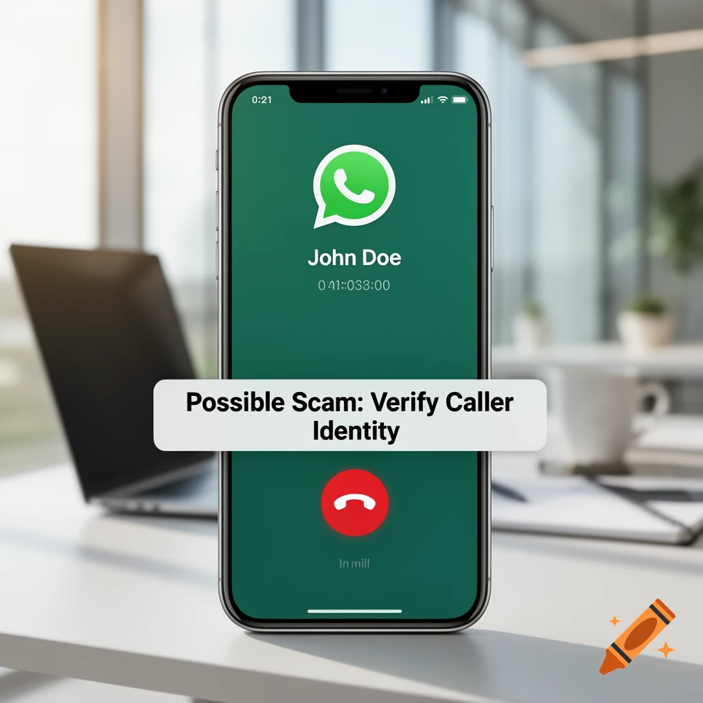 A smartphone screen displaying a WhatsApp call from "John Doe" with a "Possible Scam: Verify Caller Identity" overlay, set on a desk with a laptop in the background.
