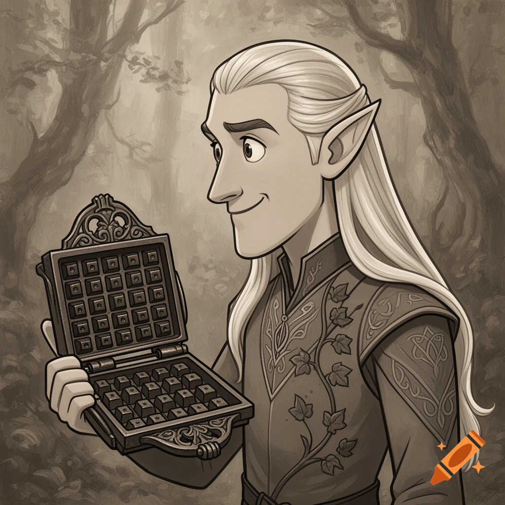 A cartoon elf with long white hair, resembling Legolas, in the style of 1960s Clue art, holding an ornate waffle iron in a forest.