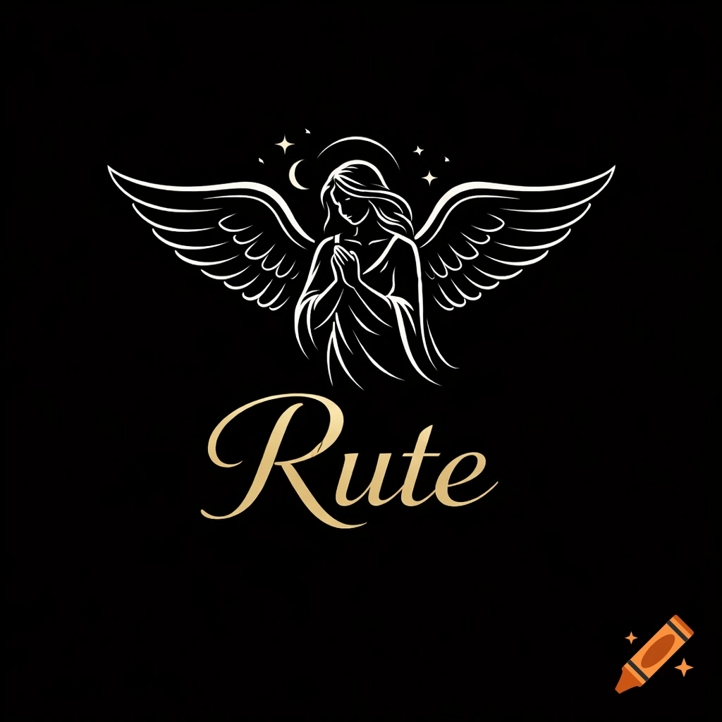 White outline angel with praying hands and wings, crescent moon, and stars, above 'Rute' in golden script on a black background.