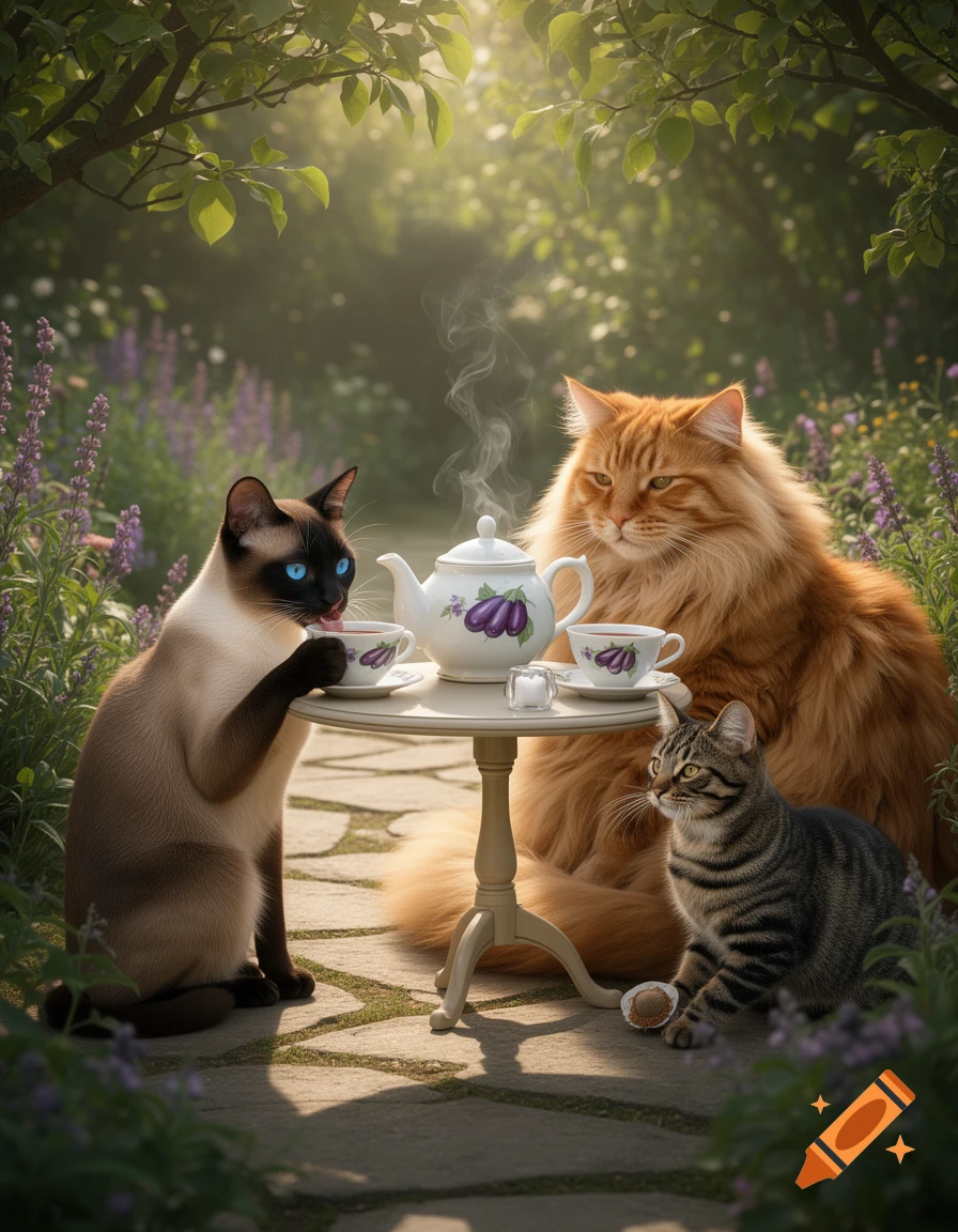 Three cats having an outdoor tea party in a sunlit garden, with a Siamese cat sipping from a cup and an orange cat sitting next to a teapot decorated with eggplants.