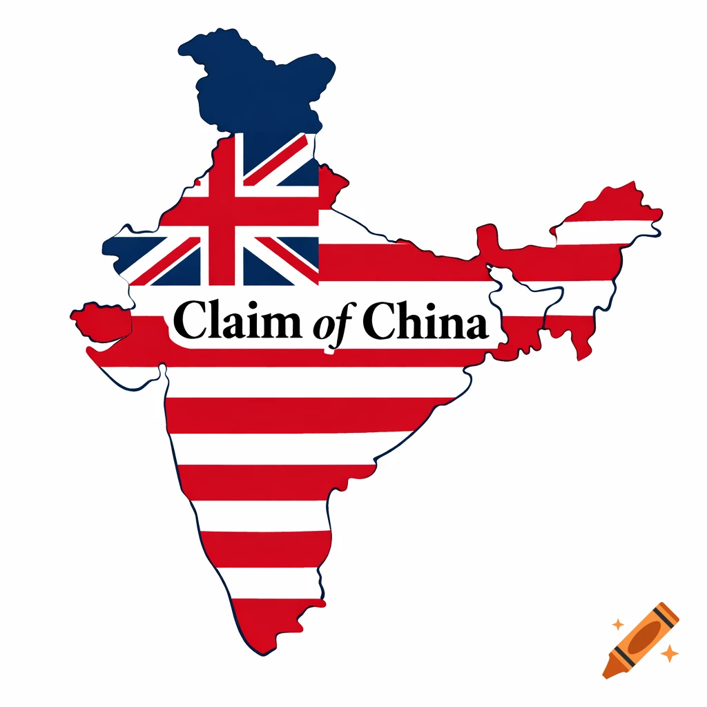 Map of India stylized with the British East India Company flag, featuring the text 'Claim of China'.