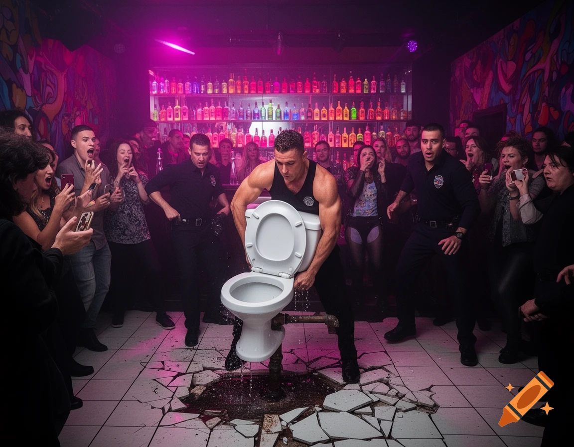 A muscular man rips a toilet from a shattered floor in a chaotic nightclub, surrounded by a crowd of surprised onlookers. Photorealistic.