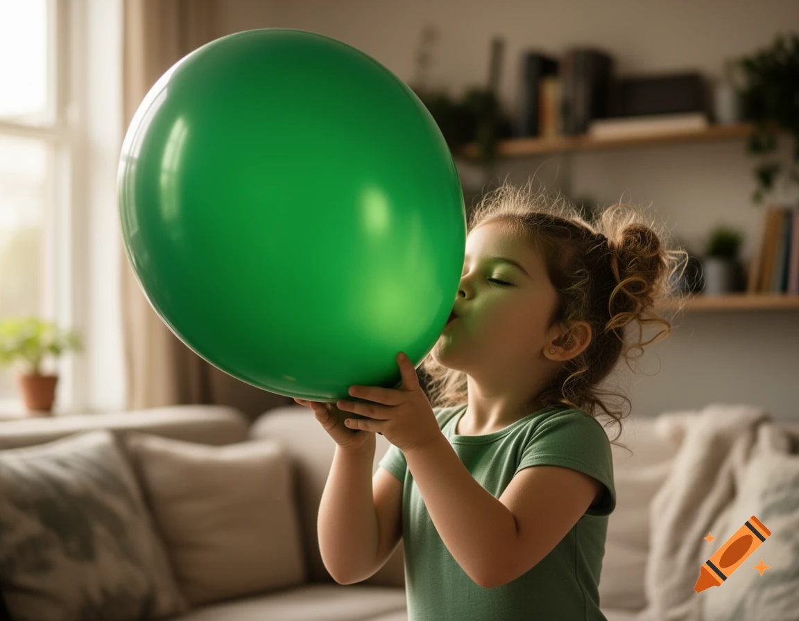 A young girl with two buns in her hair, wearing a green shirt, is blowing up a large green balloon indoors.